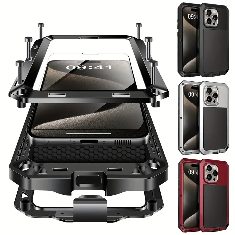 Heavy Duty Shockproof Rugged Metal Case with Built-in Glass Screen Protector for iPhone 17, 17 Air, 16e, 16, 15, 14, 13 Pro Max, 13 Mini - 360 Full Body Dustproof Phone Accessories Cover, Dustproof Cover