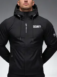 Men's Lightweight Hooded Long Sleeve Jacket, Security Theme Graphic Thin Zipper Windbreaker, Windproof Casual Jacket, Functional Style, Casual Outdoor Wear, Spring Fall Winter