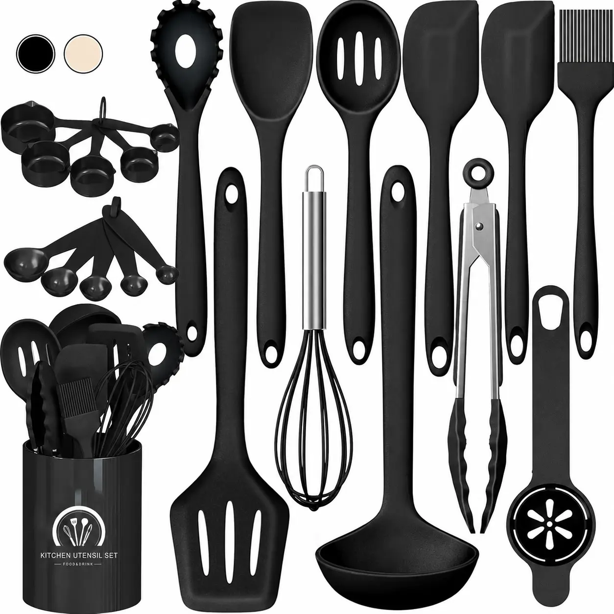 AISOON 22-Piece Silicone Kitchen Utensils Set - Chef-Approved Non Stick Cookware Sets Accessory Kit with Spatula, Spoon, Whisk, Ladle, Fork, Pasta Tongs, Turner, Utensil Holder - Heat-Resistant, Dishwasher-Safe, Khaki (Ideal for Christmas, Mother’s Day)