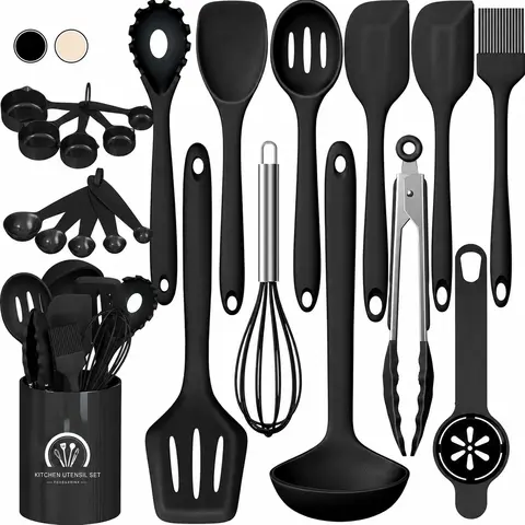 AISOON 22-Piece Silicone Kitchen Utensils Set - Chef-Approved Nonstick Cooking Utensil Kit with Spatula, Slotted Spoon, Whisk, Ladle, Fork, Pasta Tongs, Turner, Compact Holder - Heat-Resistant, Dishwasher-Safe, Khaki (Ideal for Birthdays, Christmas)