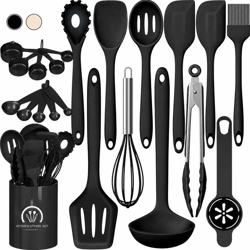 AISOON 22-Piece Silicone Kitchen Utensils Set - Chef-Approved Nonstick Cooking Utensil Kit with Spatula, Slotted Spoon, Whisk, Ladle, Fork, Pasta Tongs, Turner, Compact Holder - Heat-Resistant, Dishwasher-Safe, Khaki (Ideal for Birthdays, Christmas)