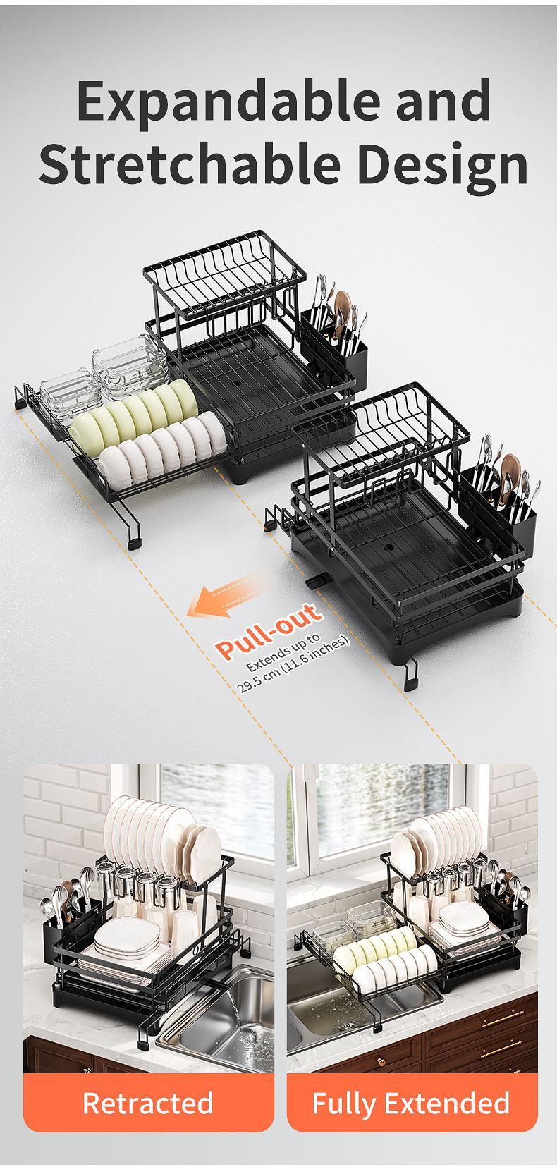 Small Kitchen Must Have Foldable Over Sink Dish Drying Rack Pull-Out 2-Tier Dish Drainer with Utensil Holder Space Saving Kitchen Organizer, Rust Proof Expandable Sink Dish Rack for Apartment RV Camper