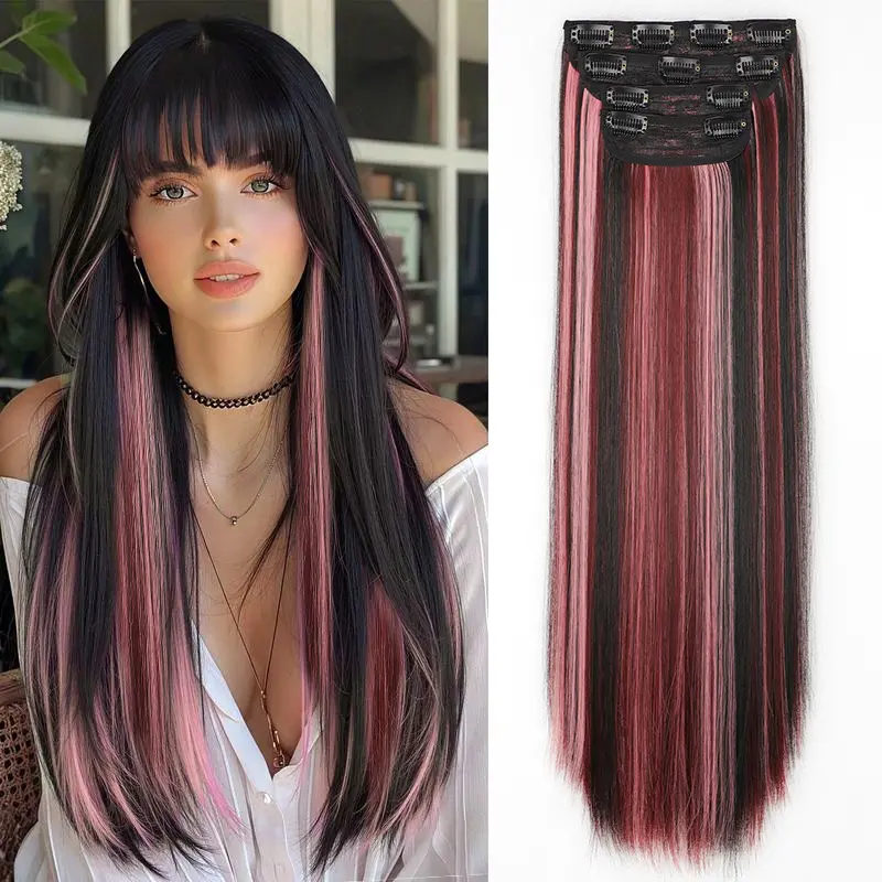 Women's 20-Inch Straight Synthetic 4-Piece Layered Clips Hair Extensions, Brown with Purple Highlights, Tangle-Resistant, Casual, Adds Volume & Volume Boost Straight Synthetic Hairpieces