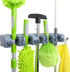 Rectangular Heavy Duty Wall Mount Broom and Mop Holder, Sturdy Tool Organizer with Hooks and Slots for Garage, Garden, Laundry, Kitchen Organization, 2.36 x 16.9 x 3.35 in, Gray
