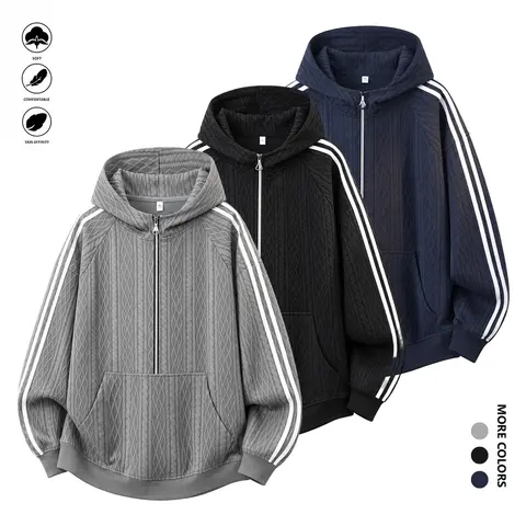 Men’s Cable-Knit Jacquard Half-Zip Oversized Hoodie - Polyester Athletic Casual Pullover Sweatshirt with Striped Sleeves, Kangaroo Pocket for Streetwear
