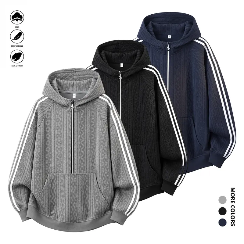 Men’s Cable-Knit Jacquard Half-Zip Oversized Hoodie - Polyester Athletic Casual Pullover Sweatshirt with Striped Sleeves, Kangaroo Pocket for Streetwear