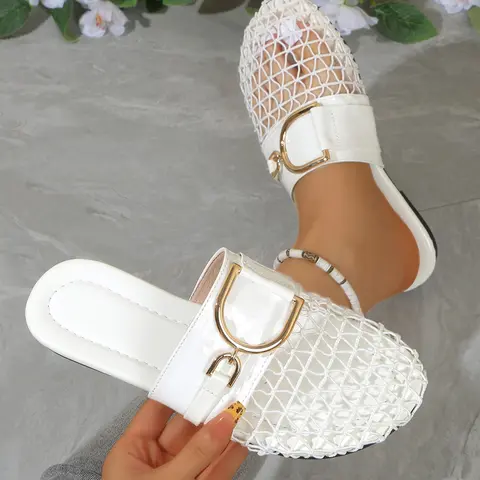 Women's Mesh Open Toe Buckle Flat Sandals, Boho Style Breathable Summer Footwear, Versatile Two-Way Wear, Casual Flat Sandals, Casual Comfy Sandals