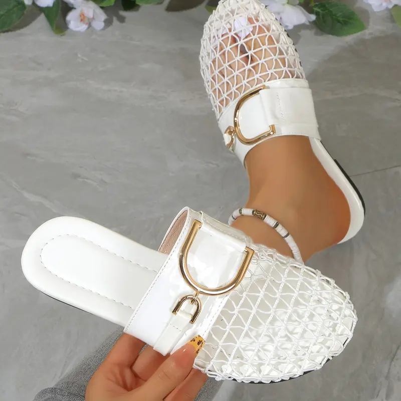 Women's Mesh Open Toe Buckle Flat Sandals, Boho Style Breathable Summer Footwear, Versatile Two-Way Wear, Casual Flat Sandals, Casual Comfy Sandals