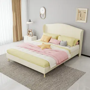 Modern Tufted Upholstered Bed Frame Queen Size Beige Holland Velvet Ergonomic Padded Headboard Sturdy Noise-Free Support Platform Bed Frame for Bedroom, No Box Spring Needed, Easy Assembly, Bedroom Furniture for Bedroom, Guest Room, Kids Room