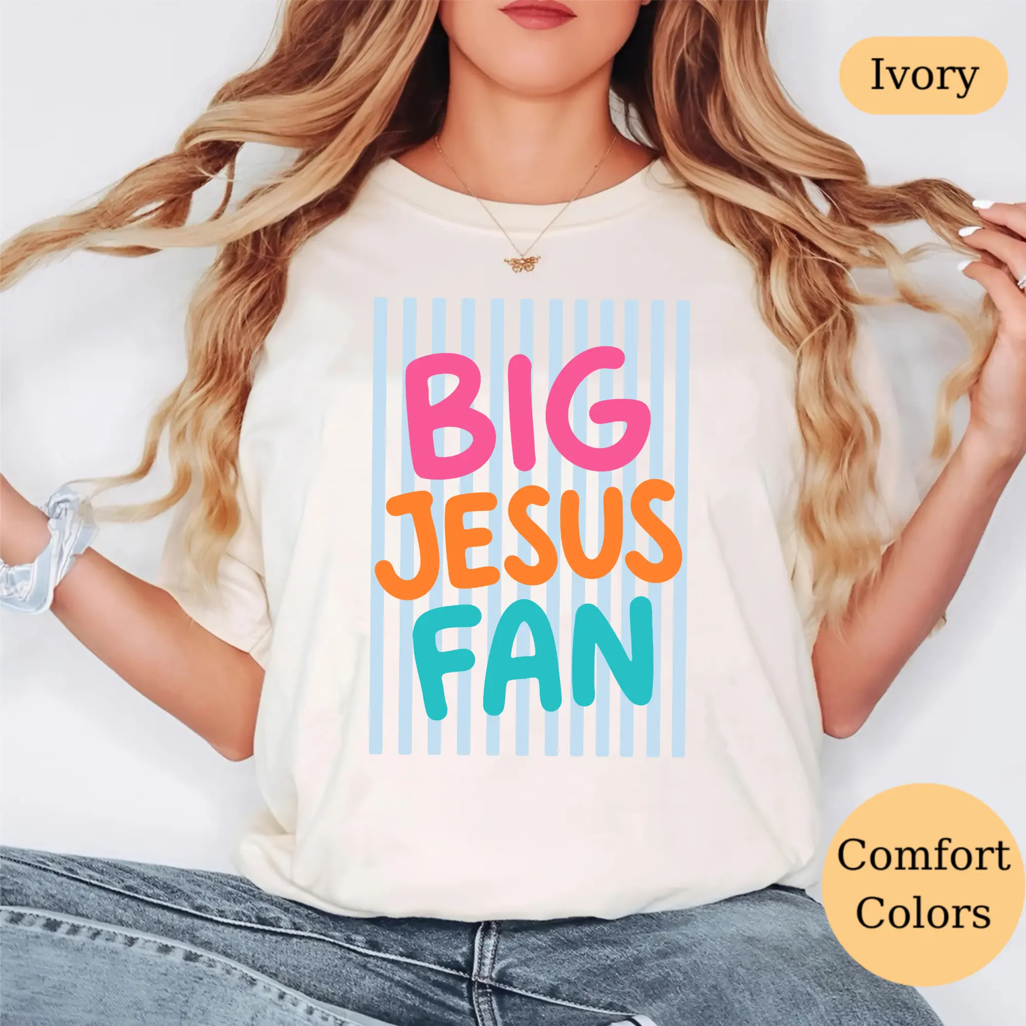 Big Jesus Fan Comfort Colors Christian T-Shirt – Preppy Striped Faith Graphic Tee For Men For Women