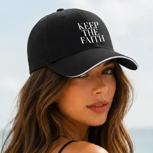 "KEEP THE FAITH" Unisex Adjustable Sandwich Brim Baseball Cap, Black Graphic Curved Hat for Men and Women