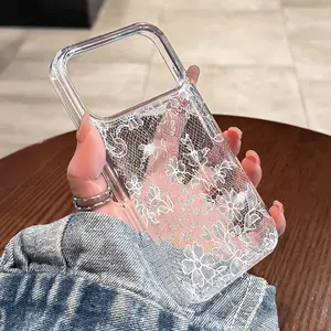 White Lace Pattern Air Cushion Transparent TPU Phone Case for iPhone 17, 16, 15, 14, 13, 12, 11, Pro Max, Air, 7, 8 Plus, SE2, SE3, XR, X, XS