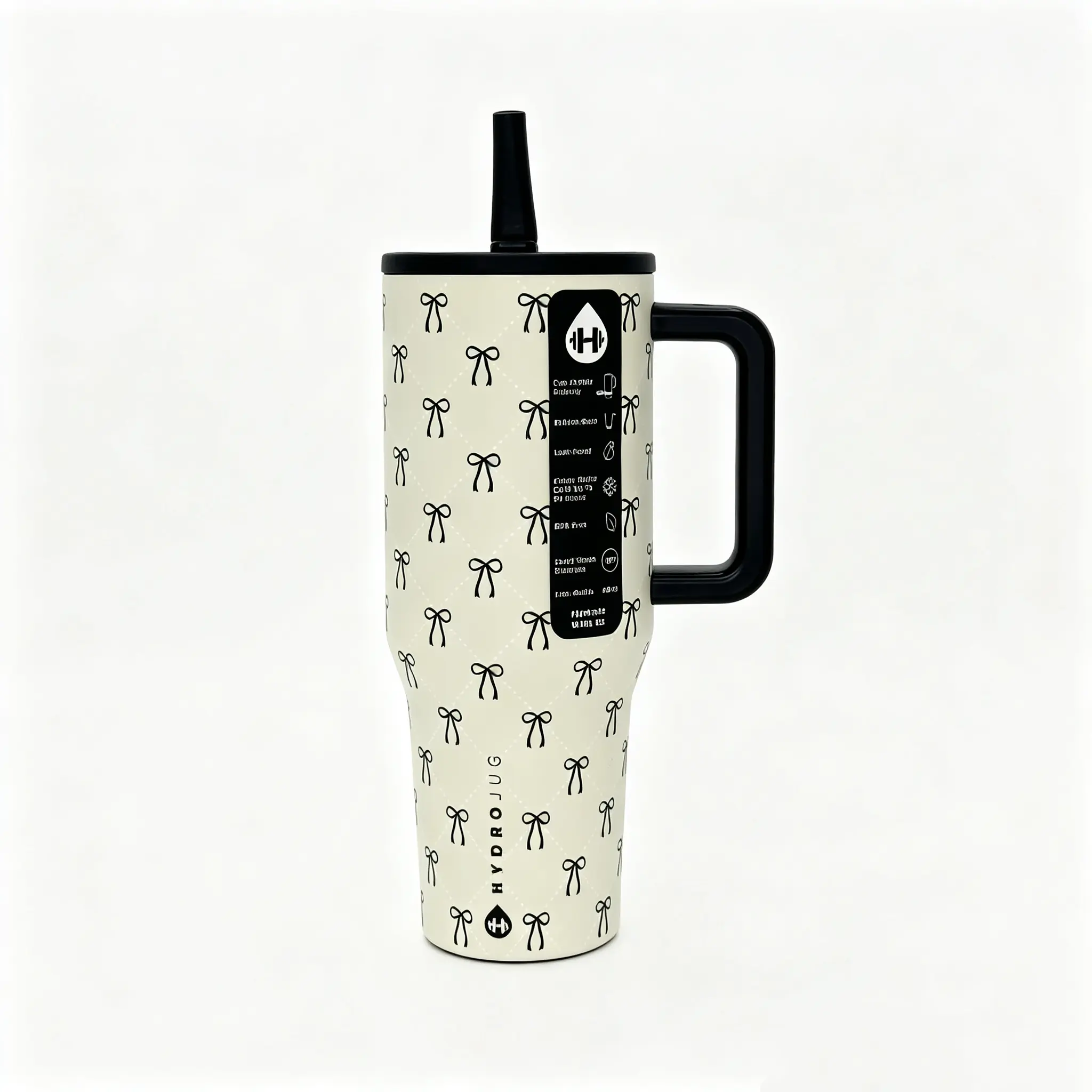 HydroJug 40oz Stainless Steel Vacuum Flask Tumbler - Stylish Aesthetic Black Bow Print, Handle, Leak-Proof Lid, 24-Hour Cold Retention, Car Cup Holder Friendly Insulated Travel Mug for Gym, Daily Use