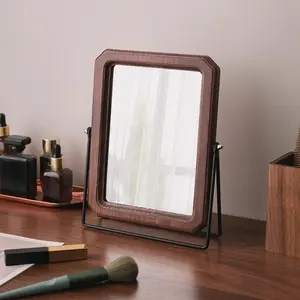Wooden Desktop Makeup Mirror, Flip-Top Vanity Mirror, Simple Bedroom Dormitory Use, Vintage Oriental Style Mirror, 1pc