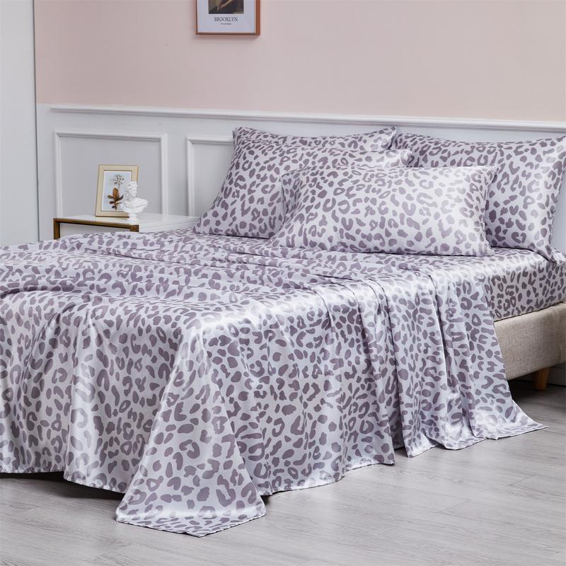 BEKRVIO- 4-Piece Purple leopard Soft Satin Sheet Set Faux Silky Bedding and Pillowcases Cooling & Wrinkle-Free  Fitted  Deep Pocket King Queen Twin Size Skin-friendly & Hair-Protective Low-Friction Cool Touch Breathable Heat-Dissipating Bed Sheet Set
