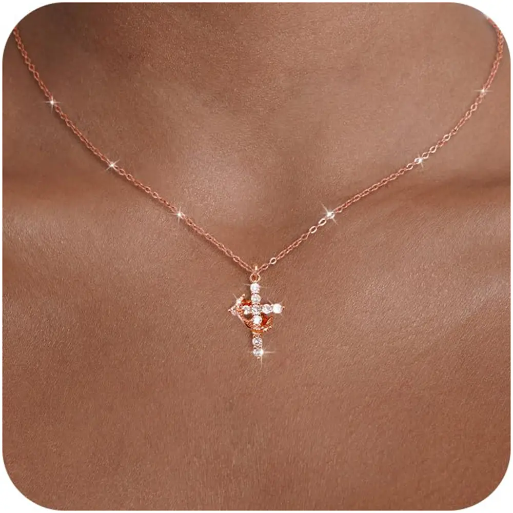 Women's Crown Cross Pendant Costume Necklace - Dainty Cross Necklace, Faith Jewelry, Trendy Tiny Accessory for Daily Wear & Gifting