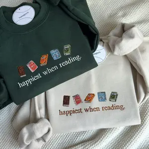 Happiest when reading books Embroidered Sweatshirt, bookish shirt, best gifts for book lovers, Book Club Gift, Bookish Hoodie, book club