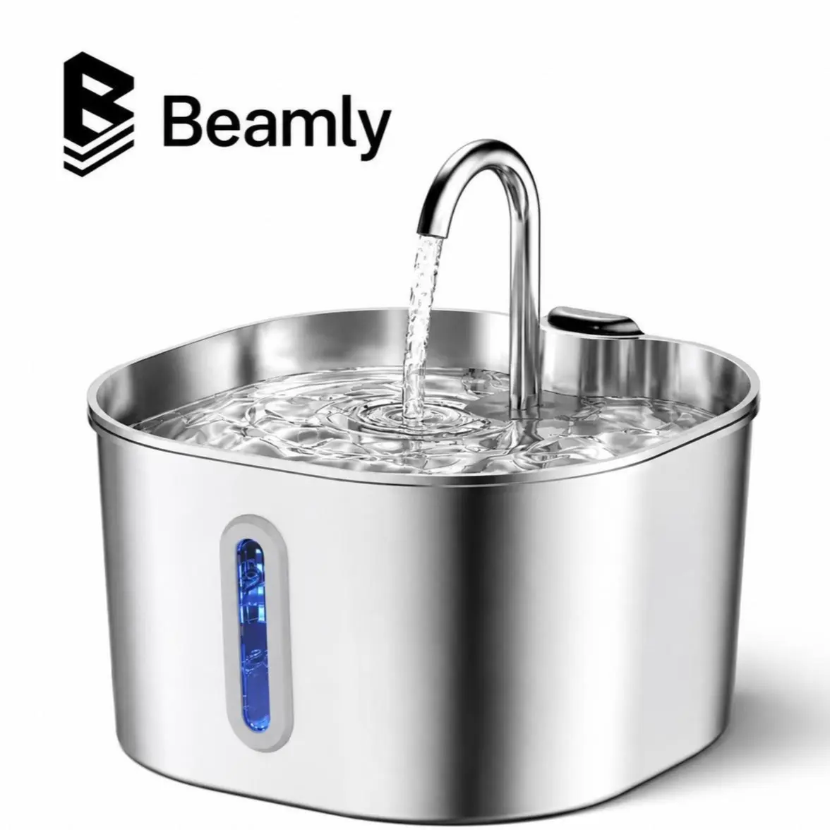 Beamly 2.2L Square Stainless Steel Automatic Pet Water Fountain with Window, Cat & Dog Water Feeder
