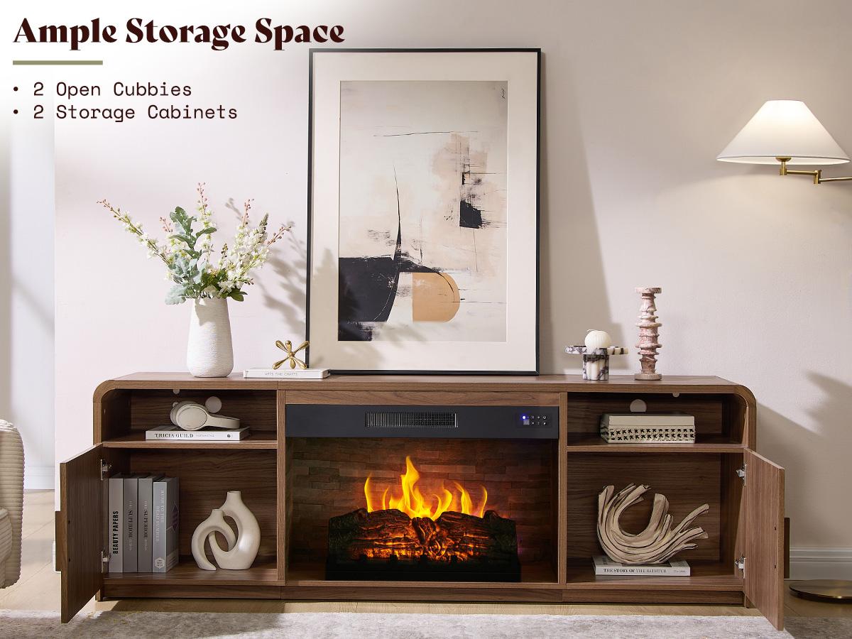 AMERLIFE 70" Fluted Fireplace TV Stand for TVs Up to 80", Modern TV Console with 30" Electric Fireplace & Storage Cabinets, Media Entertainment Center for Living Room