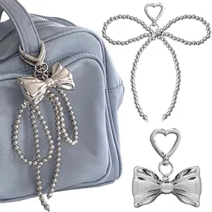 Silver Bow Keychain Charms Keychain Accessories Kawaii Backpack Keychains Pearl Bows Bowtie Bag Charms Beaded Bowknot Phone Charm Key Ring Key Chains Women Cute Key Chain Key Rings for Car Keys