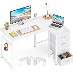 L Shaped Desk With 4 Drawers, 40" Small White Computer Desk With Storage, Reversible Kids Study Desk With Hook, Corner Desk For Home Office