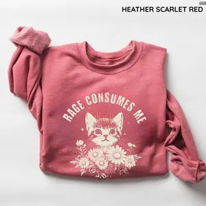 Rage Consumes Me Sweatshirt, Cute Cat Meme Pullover Crewneck Shirt, Trendy Shirts, Women Favorite Top 4DS