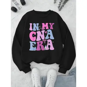 In My CNA Era Funny Graphic Sweatshirt - Women's Crew Neck Long Sleeve Casual with Vibrant Nurse Life Design, Perfect Gift for Medical Staff, Stretchy Comfortable Sweatshirt for Everyday Wear Hoodie Tops Black Womenswear