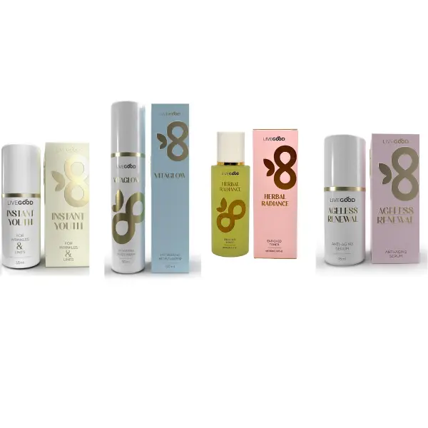 Live Good 4-in-1 Anti-Aging Vegan Skincare Set - Clean Girl Hydrating Skin Repair, Brightening, Firming Kit with Gentle Herbal Moisturizer, Glycolic Serum & Toner