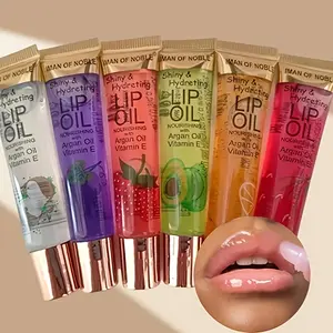 6-piece set of fruit-flavored moisturizing lip oils, containing Moroccan argan oil and vitamin E, nourishes and moisturizes dry lips, giving a shiny and plump lip look, ideal as a holiday gift for women