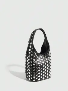 Punk Style Studded Decor Shoulder Bag, Fashionable Solid Color Underarm Bag for Daily Used, Casual Trendy Versatile High-quality Daily Commuting Bag, Pu Tote Satchel