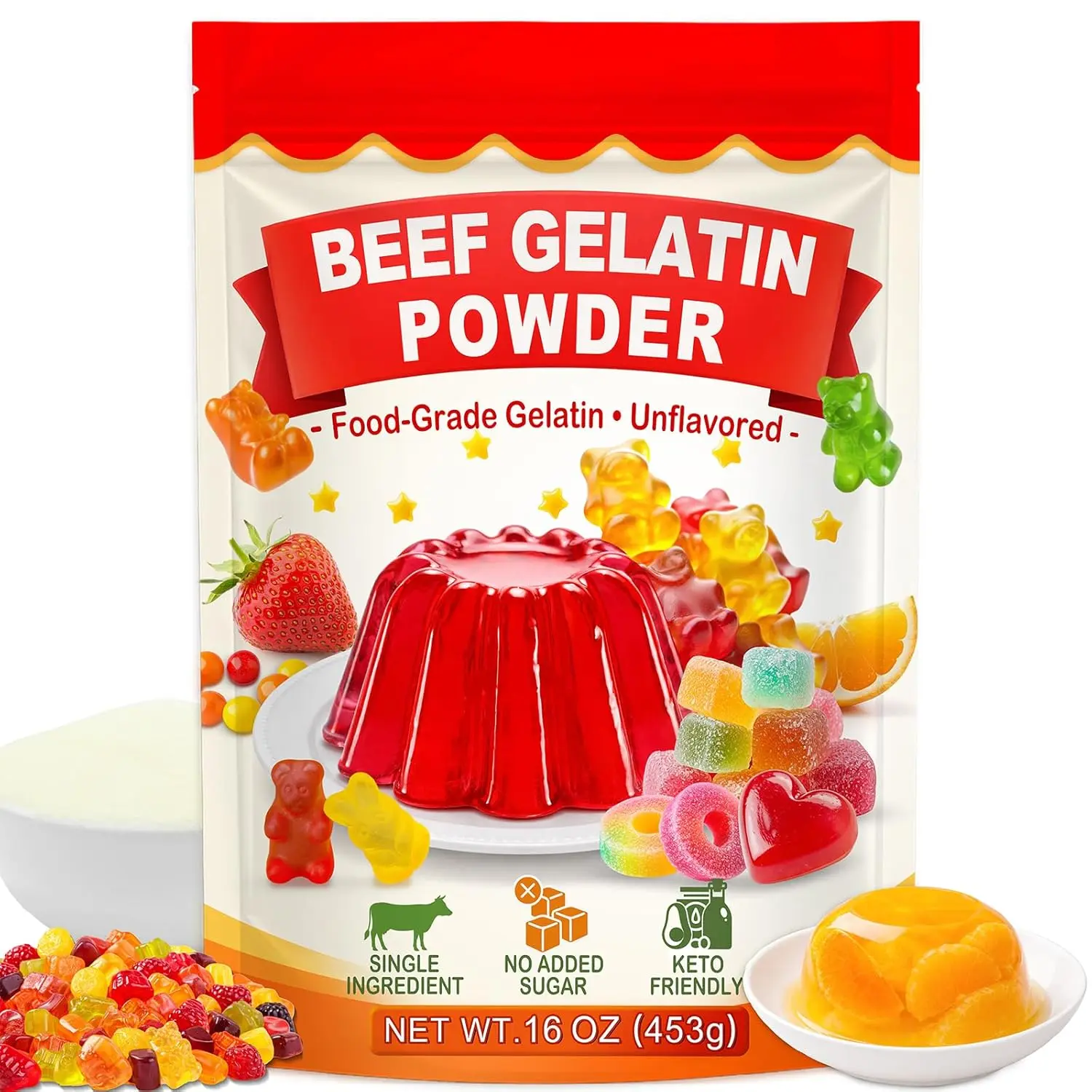 1LB (454g) Unflavored Grass-Fed Beef Gelatin Powder - Homemade Gummies & Baking Use, Instant Thickener for Soups, Keto-Friendly, Low Fat
