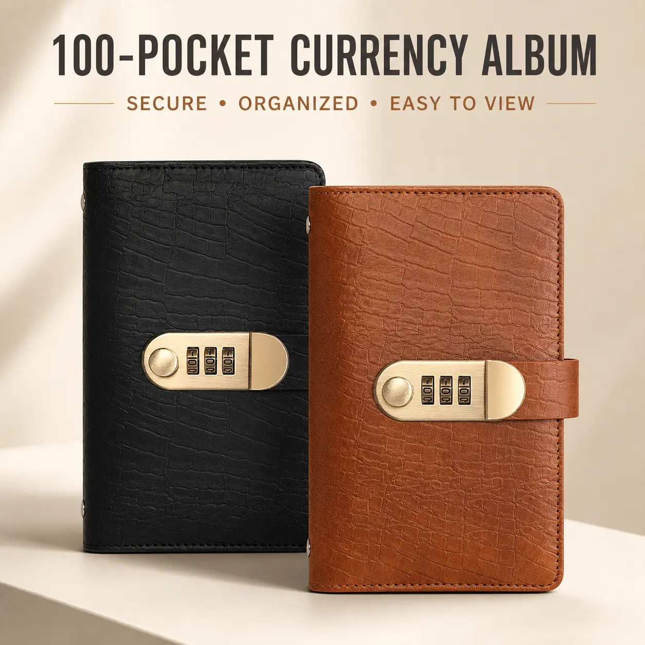 100-Pocket Currency Collector Album with 3-Digit Combination Lock, 50 Double-Sided Clear Pages, Crocodile-Texture PU Leather Banknote Binder for Paper Money Storage, Gift-Ready Office & Accounting Supply, Black, Light Brown or Peach Pink