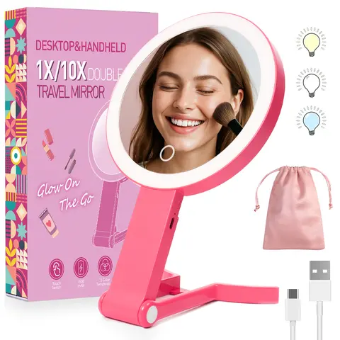 RAMUSO 5.3in Adjustable Lighted Dimmable Makeup Mirror, 3-Way Adjustment, Foldable Handle, 3 Modes Cool/Warm Light Swap, Lilac, USB Rechargeable, Power-Off Memory, Pouch, Lightweight Easy Travel Multifunctional Compact Women's Beauty Gift