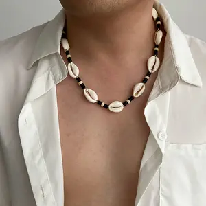 Surfer's shell and wood bead necklace, versatile summer beach style beaded collarbone chain, men's accessory