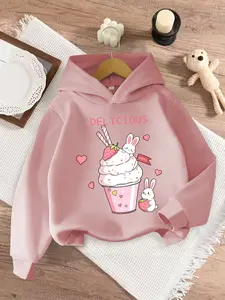 Girls' Spring & Fall Casual Creative Long Sleeve Hoodie, Cartoon Cake Rabbit Print, Loose-Fitting Pullover, Comfortable Gift