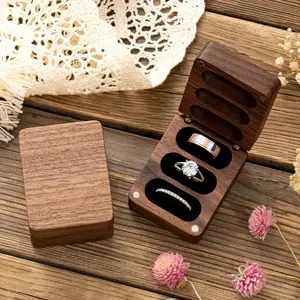Elegant Walnut Wood Ring Box with Magnetic Closure - Holds 3 Rings for Weddings, Engagements, Proposals, and Gifts for Couples