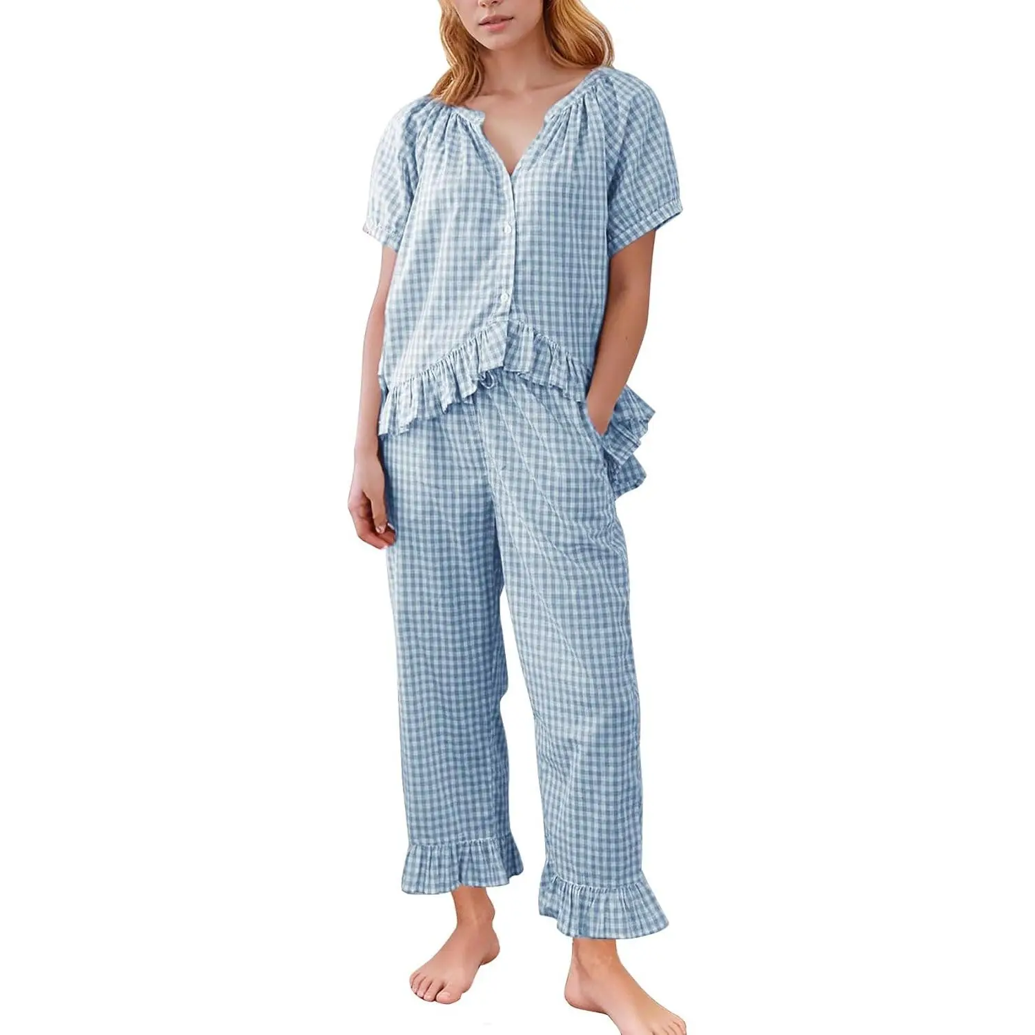 Womens Plaid 2 Piece Pajamas Sets Gingham Button Down Puff Sleeve Babydoll Shirt Ruffle Pants Y2K Pjs Lounge Set(Gift)