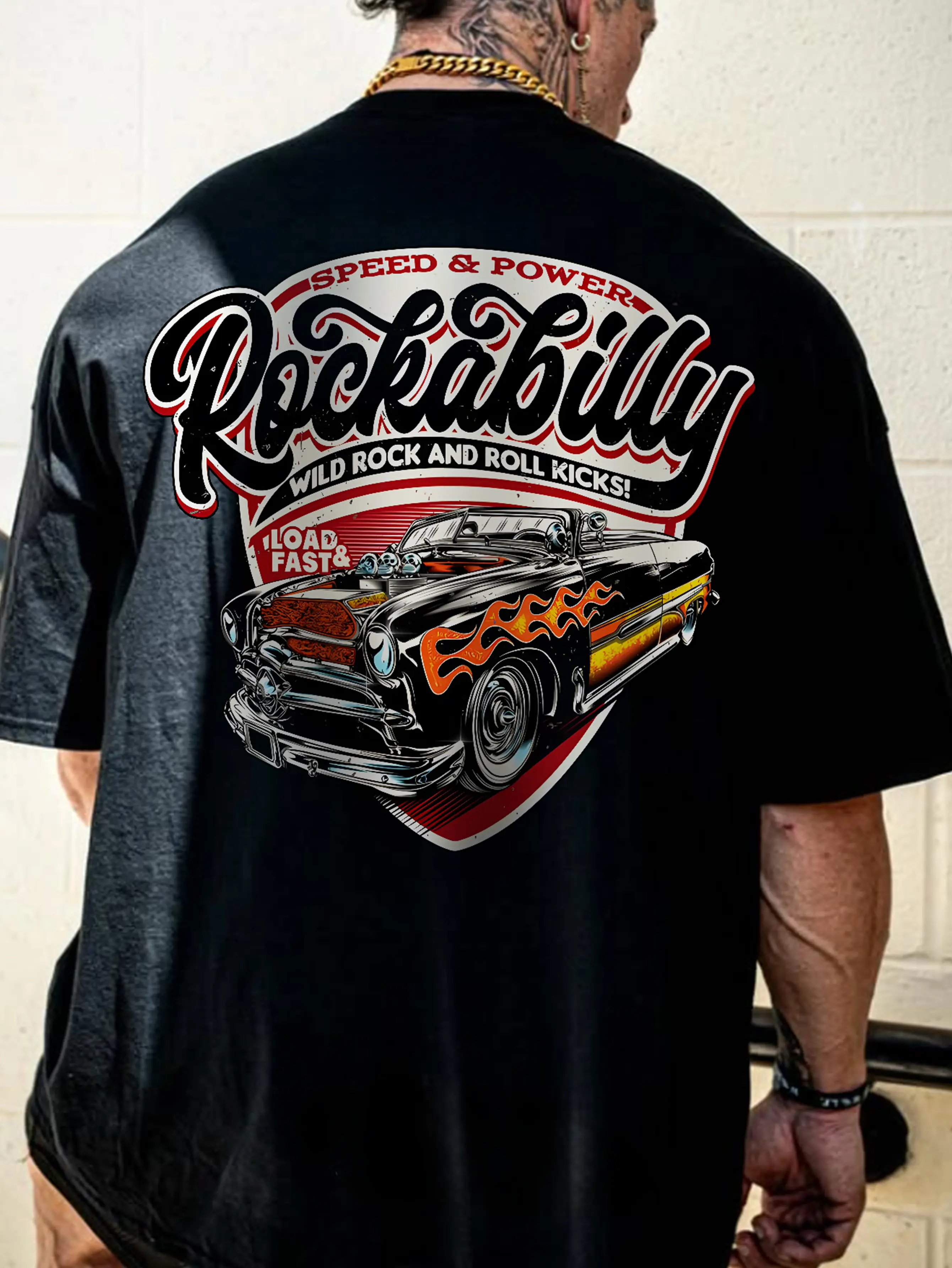 Men's Vintage Graphic T Shirt Two Sided Print Rockabilly Hot Rod Car Design Cotton Feel Soft Touch Fabric Retro 50s Greaser Aesthetic Streetwear Top Muscle Car Biker Style Summer Crew Neck