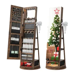 [dealsforyoudays] LED Lockable Jewelry Cabinet Wall-Mounted Armoire with Mirror 3 Color Lights & Storage Shelves Modern Chest Drawers 360° Rotating Base Best Christmas Gifts