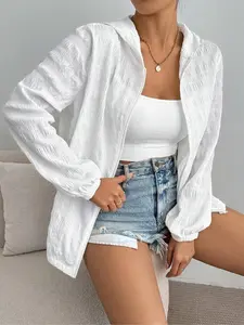 Women's Summer Lightweight Casual Hooded Long Sleeve Jacket, Beach Sun Protection Thin Hoodie, Breathable Textured Zipper Cardigan Outerwear
