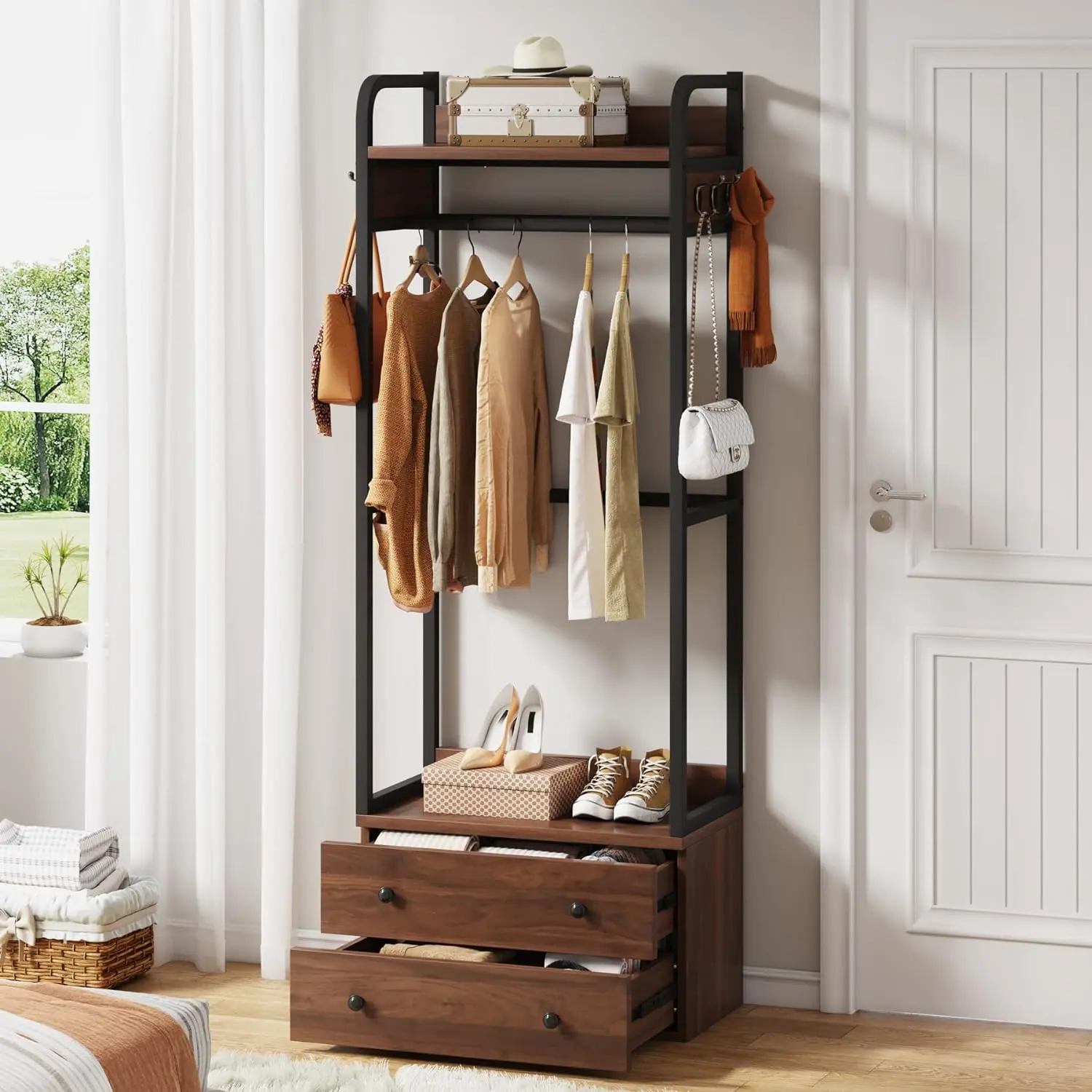Tribesigns Freestanding Closet Organizer Small Clothes Rack Coat Rack with Drawers and Shelves Hanging Metal Hall Industrial hanging closetorganizer Tree Hangable