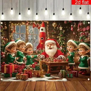 1pc 2D Flat Polyester Christmas Backdrop Banner with Santa and Elves, Festive Photography Background for Holiday Party Decor, Carnival Theme, Versatile Use for Entryway, Room Decoration, Photo Booth Prop