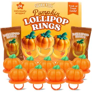 Pumpkin Lollipop Rings, Individually Wrapped Orange-Flavored Halloween Trick or Treat Candy, For Parties and Goodie Bags, 24 Count