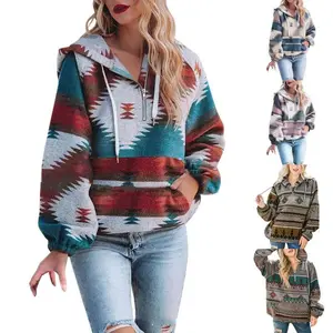 Womens Half Zip Up Hoodies Sweatshirt Casual Long Sleeve Oversized Ethnic Tribal Hooded Pullover Shirt Top Fabric Womenswear