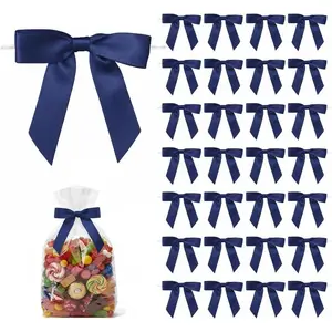 50 Pack 2.75 Inch Pre-Tied Satin Twist Tie Mini Ribbon Bows for Gift Bags Treat Bags Party Favor Bags and Small Gift Packaging (Navy Blue)