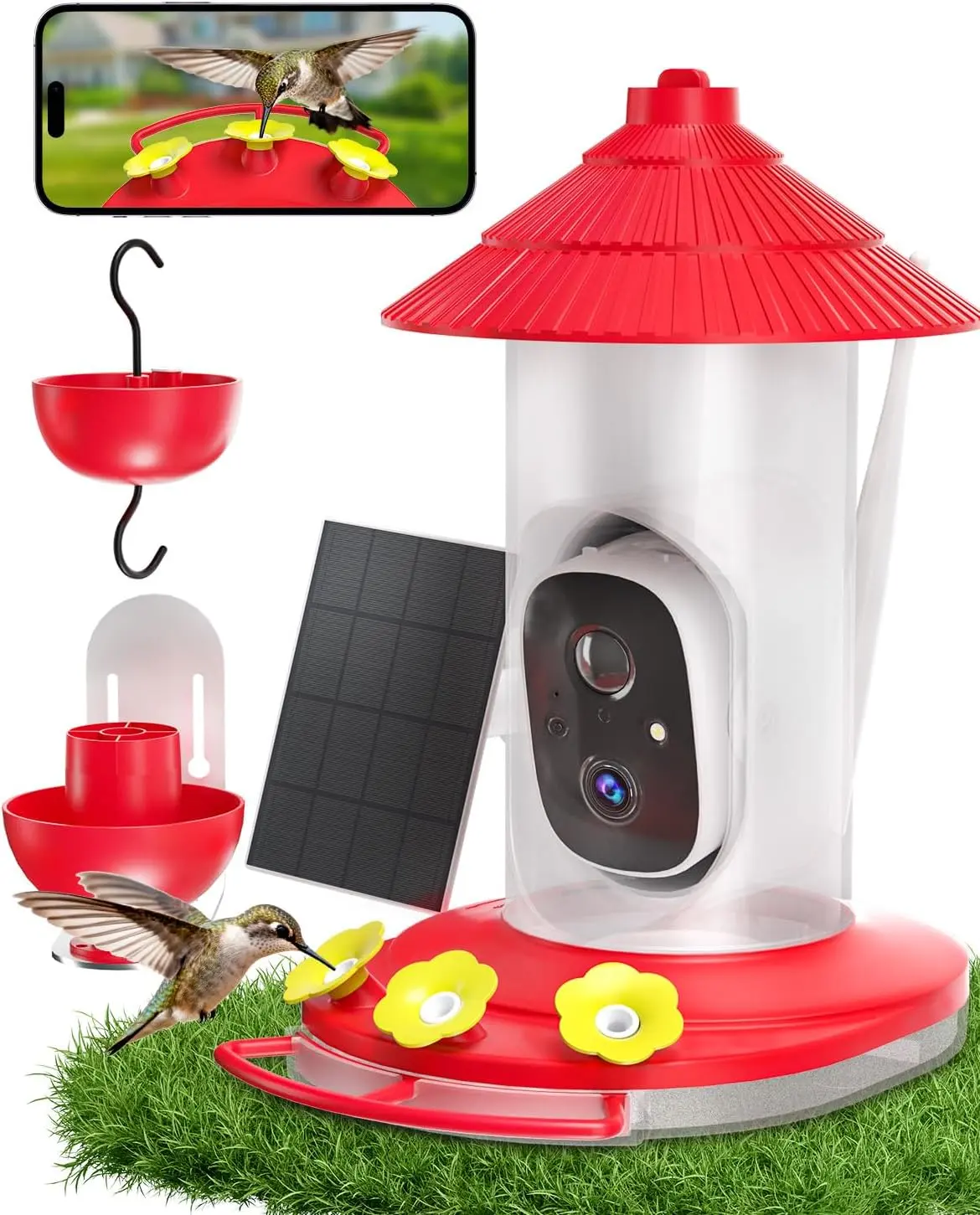 Smart Hummingbird Feeder with Camera, K AI-Powered Outdoor Hummingbird Camera Feeder with Solar Panel, Auto Capture Videos & Motion Detection, Ideal Gift for Bird Watchers-Red