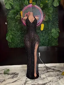 Black Black Venom - Luxe Sheer Crystal Gown with Sleek Design and Side Slit Feature