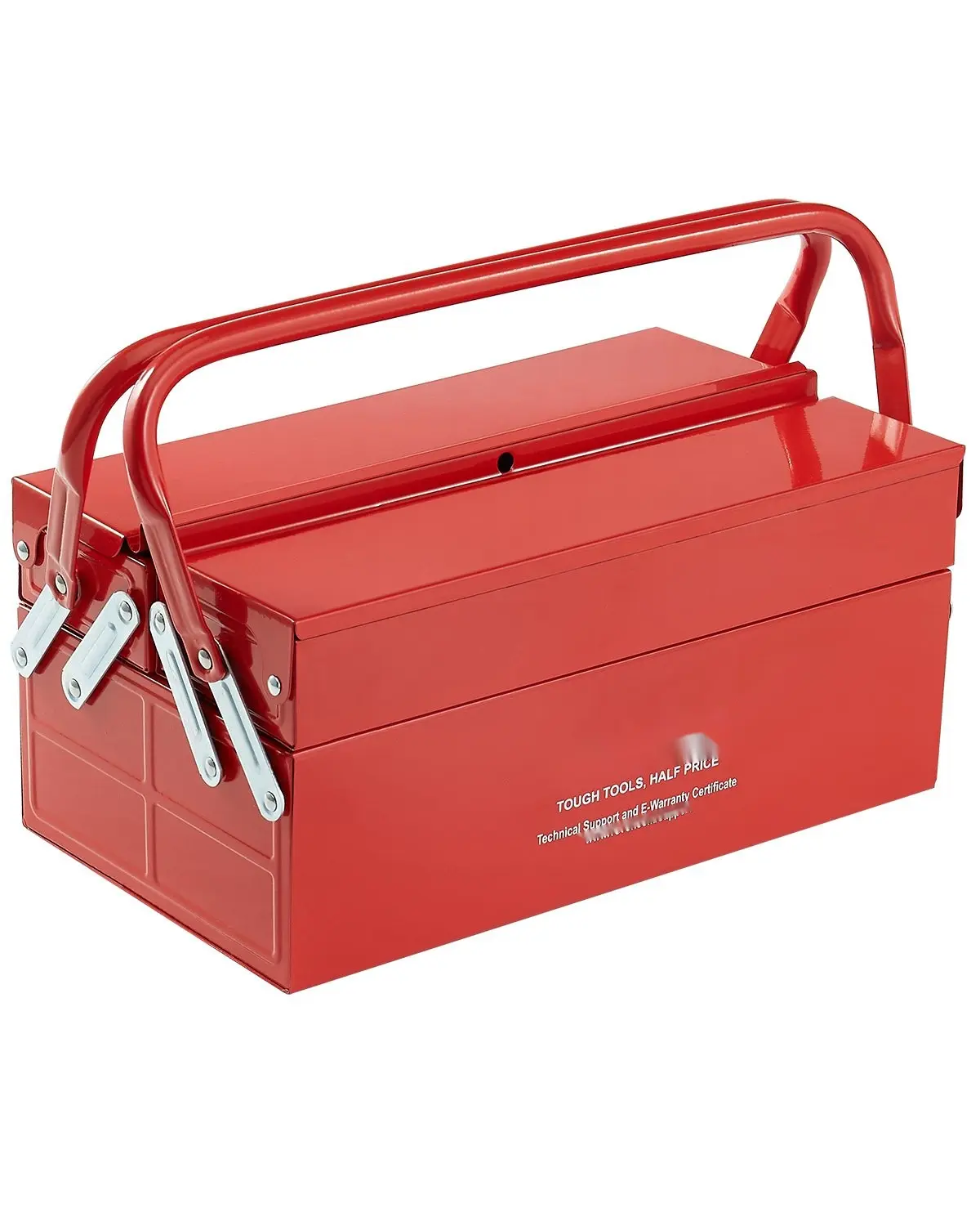 14-Inch Folding Cantilever Tool Box With 2-Tier 3-Tray Organizer, Portable Red Toolbox With Durable Handle, Multi-Compartment Storage Case For Home Workshop, Garage, and Professional Tools