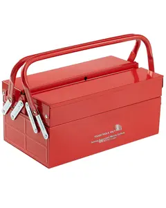 14-Inch Folding Cantilever Tool Box With 2-Tier 3-Tray Organizer, Portable Red Toolbox With Durable Handle, Multi-Compartment Storage Case For Home Workshop, Garage, and Professional Tools