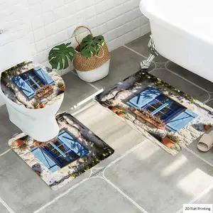 1/3Pcs Rustic Window with Blue Shutters and Flower Pots Bathroom Mat Set, Flannel Non Slip Bath Rug, Toilet U-Shape Mat, Toilet Lid Cover, Thickened Soft Absorb Water, Microfiber Surface Memory Foam Cushion, Ho